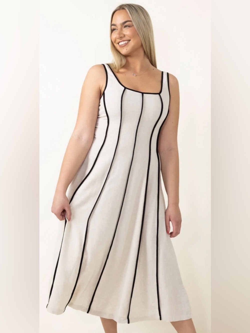 ILLA ILLA Hadid NWOT Linen Midi Dress - Natural with Black Trim